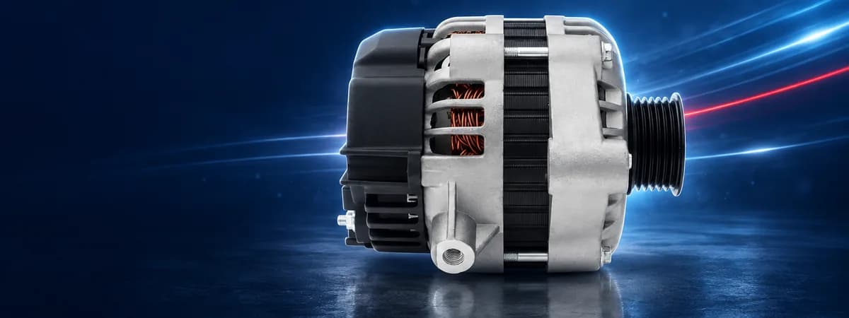 Alternador automotivo sobre fundo azul-marinho com linhas de luz
