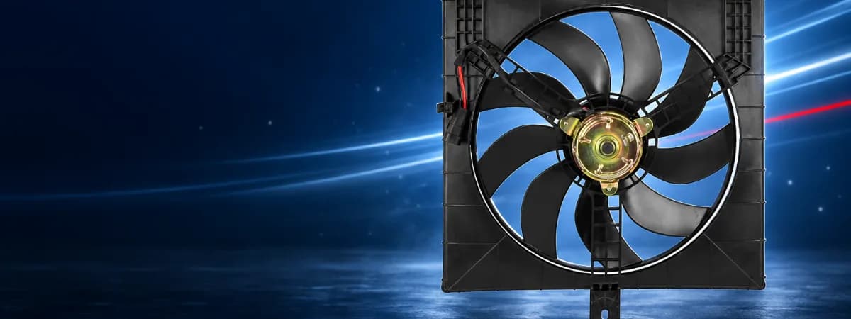 Eletroventilador com defletor sobre fundo azul-marinho com linhas de luz