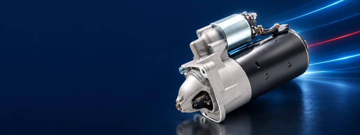 Motor de partida automotivo sobre fundo azul-marinho com linhas de luz