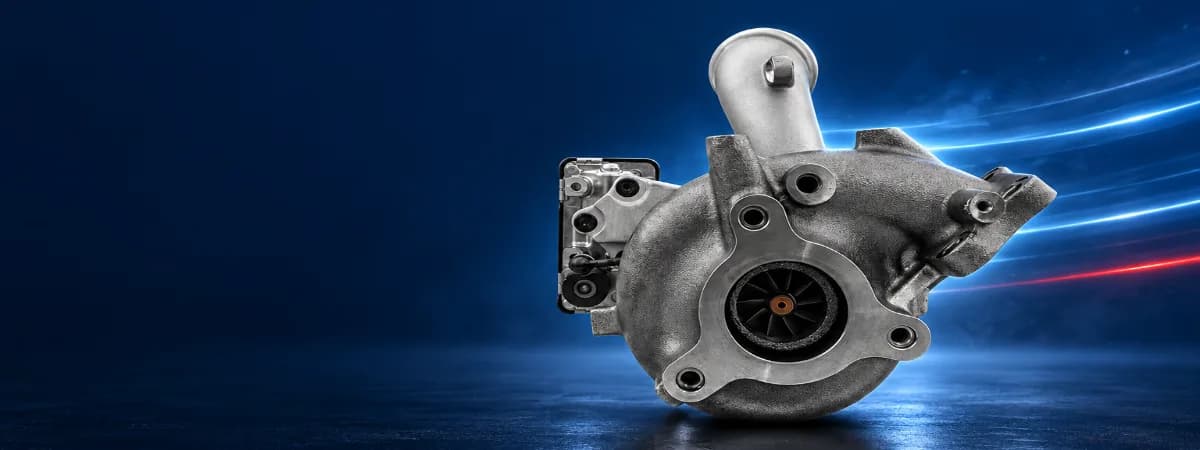 Turbina automotiva sobre fundo azul-marinho com linhas de luz